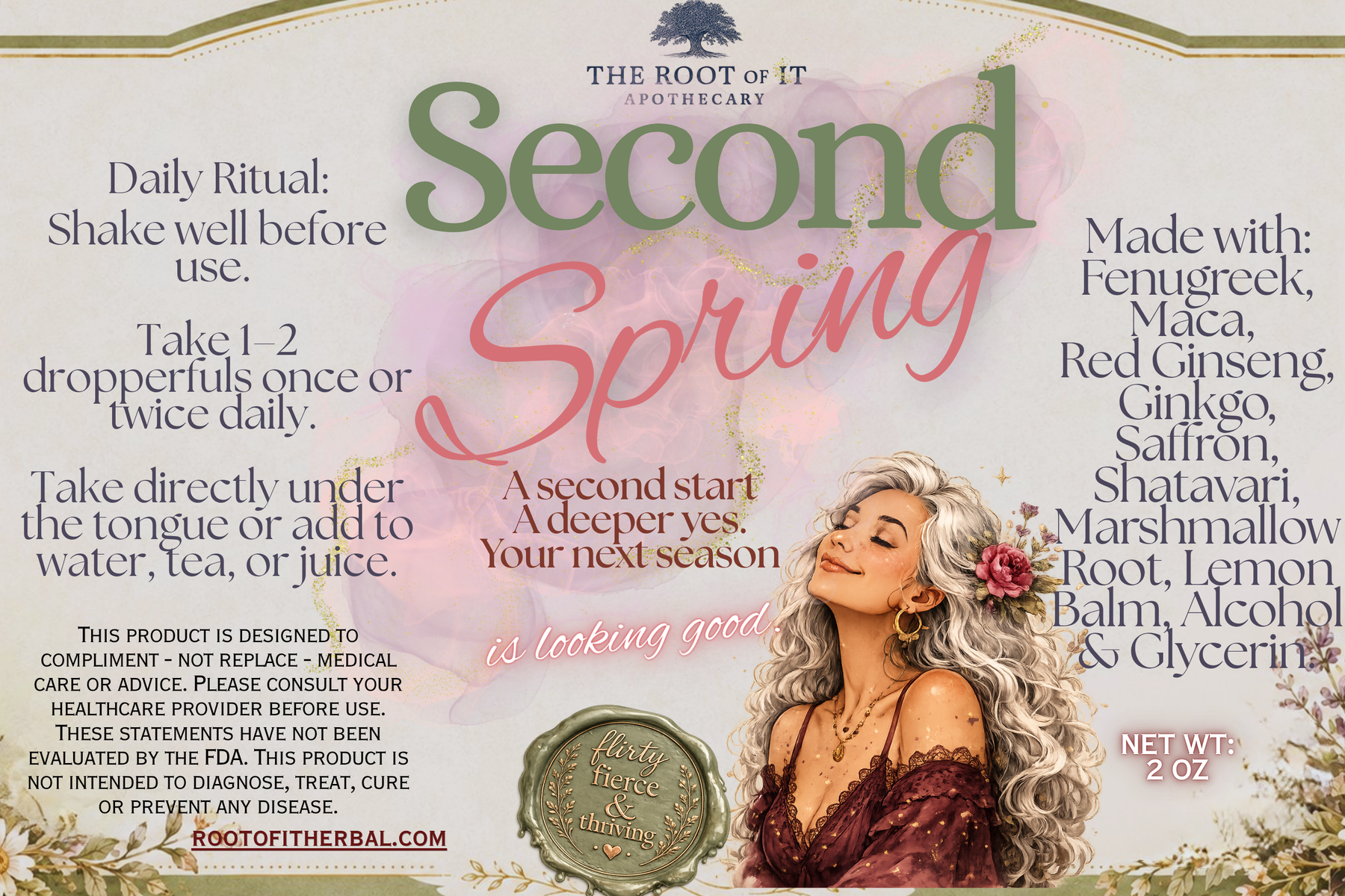 A product information card for 'Second Spring' herbal dropper tincture by The Root of It Apothecary. The card features a soft pastel pink and green background with text detailing the daily ritual, ingredients (Fengugreek, Maca, Red Ginseng, etc.