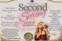 A product information card for 'Second Spring' herbal dropper tincture by The Root of It Apothecary. The card features a soft pastel pink and green background with text detailing the daily ritual, ingredients (Fengugreek, Maca, Red Ginseng, etc.