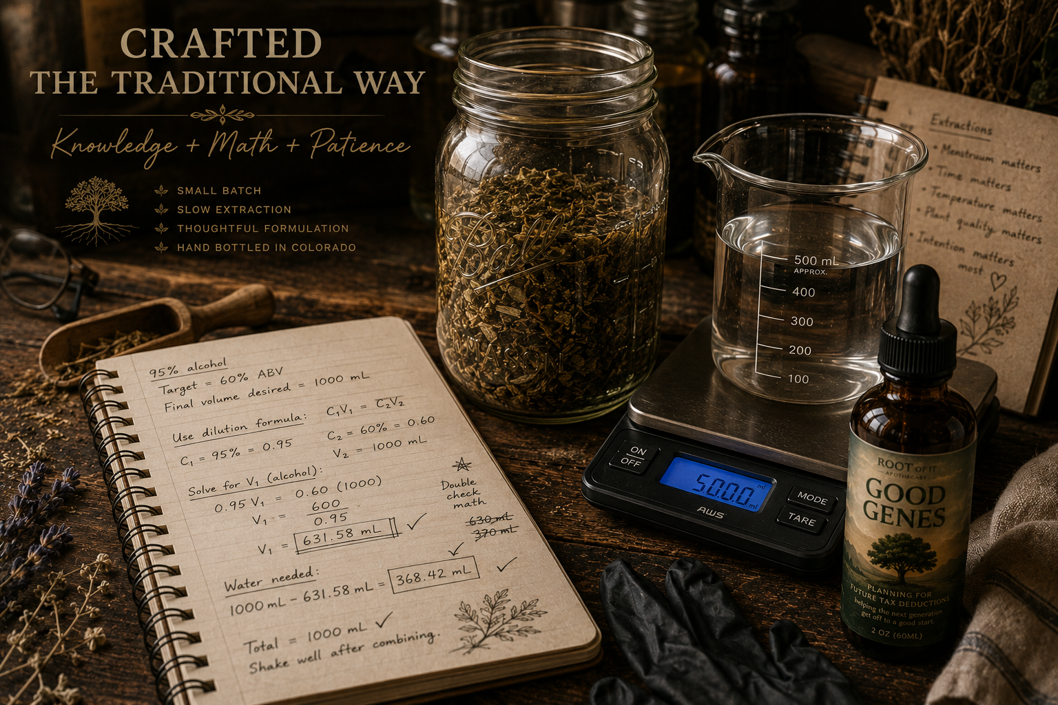 A styled product scene showing a small amber dropper bottle labeled GOOD GENES beside a digital scale, a glass beaker of water, a jar of dried botanicals, an open notebook with handwritten notes, and a rolled towel on a rustic wooden surface. Text in the upper left reads 'CRAFTED THE TRADITIONAL WAY' with smaller copy about small batch, slow extraction, thoughtful formulation, and hand bottled in Colorado.
