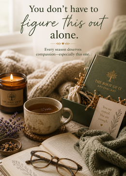 A cozy flat-lay scene with a green gift box labeled 'The Root of It Apothecary' beside a mug of tea, candle, open book, glasses, and knitted blankets. Text on the image reads, 'You don’t have to figure this out alone.