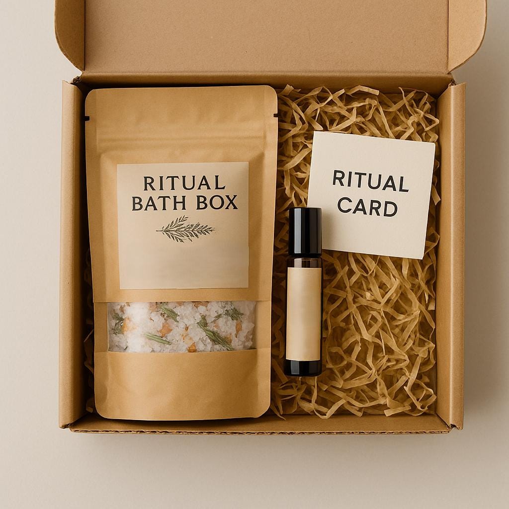 Ritual Bath Box bath soak in kraft pouch with roller oil and ritual card inside eco-friendly subscription box.