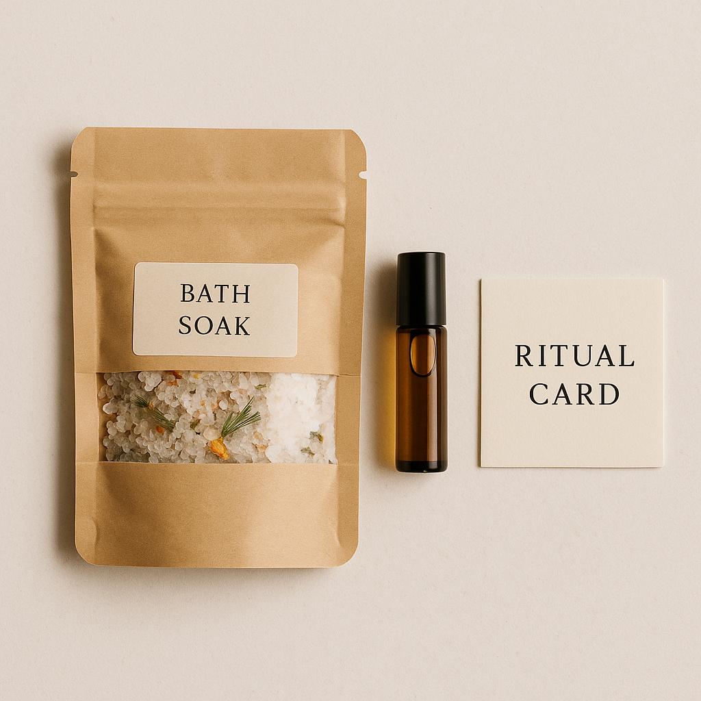 Bath soak pouch, amber roller bottle, and ritual card from the Ritual Bath Box arranged on a neutral background.