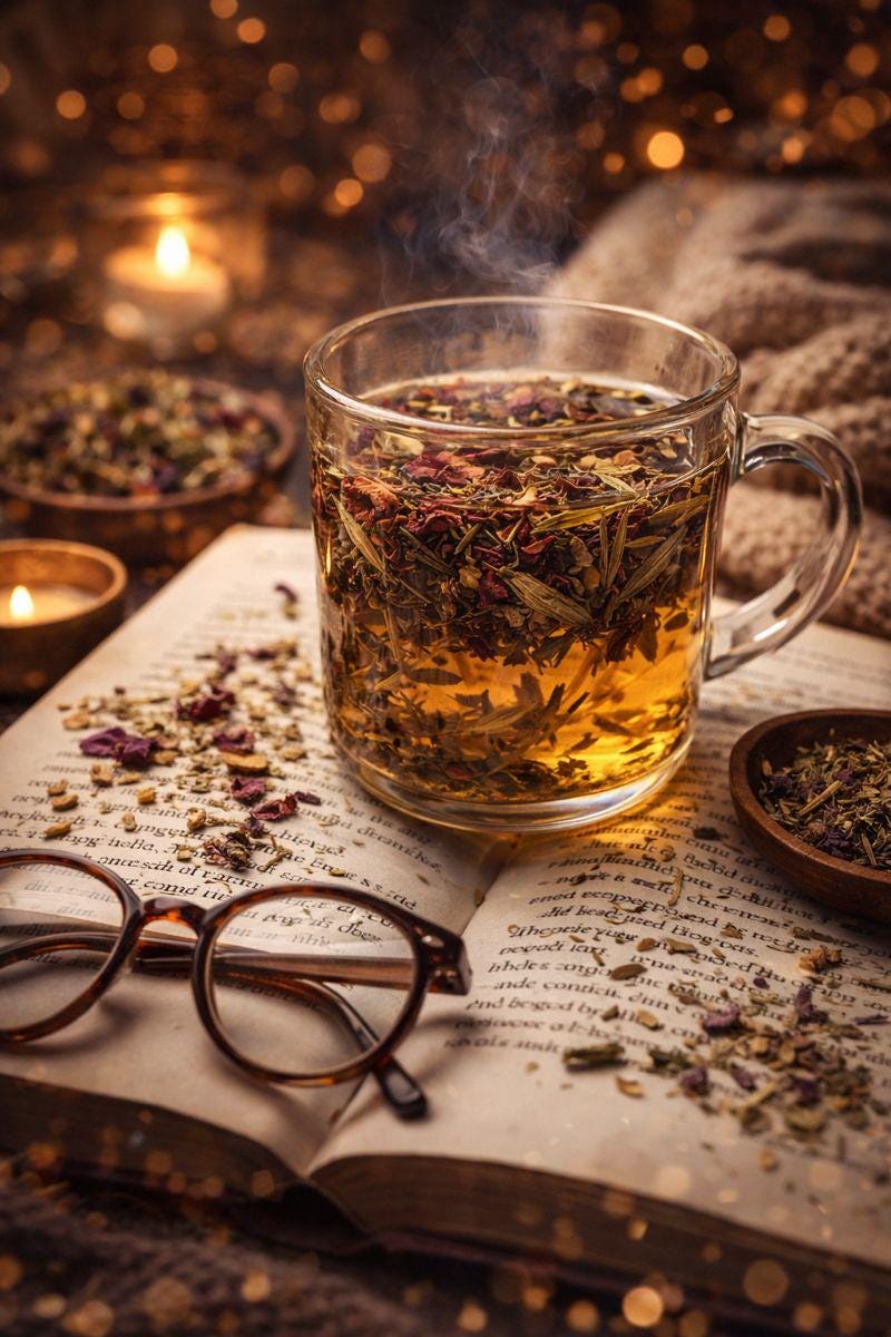 Nourishing herbal tea ritual with a warm mug of mineral-rich infusion for restoration and calm.