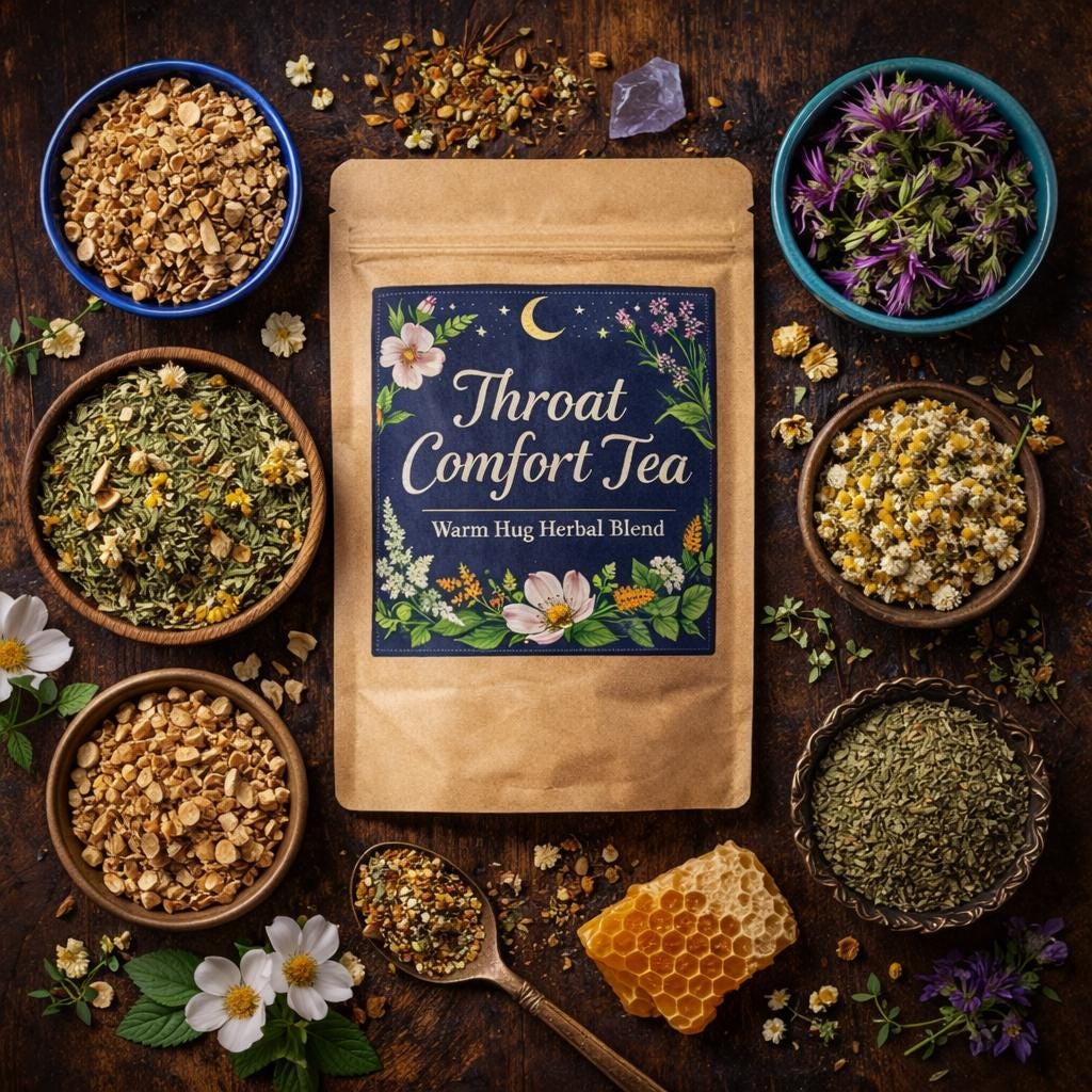 Overhead flat lay of Throat Comfort Tea with bowls of marshmallow root, mullein leaf, chamomile, bee balm, thyme, and licorice root arranged around a labeled kraft pouch on a dark wooden surface.