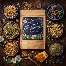 Overhead flat lay of Throat Comfort Tea with bowls of marshmallow root, mullein leaf, chamomile, bee balm, thyme, and licorice root arranged around a labeled kraft pouch on a dark wooden surface.