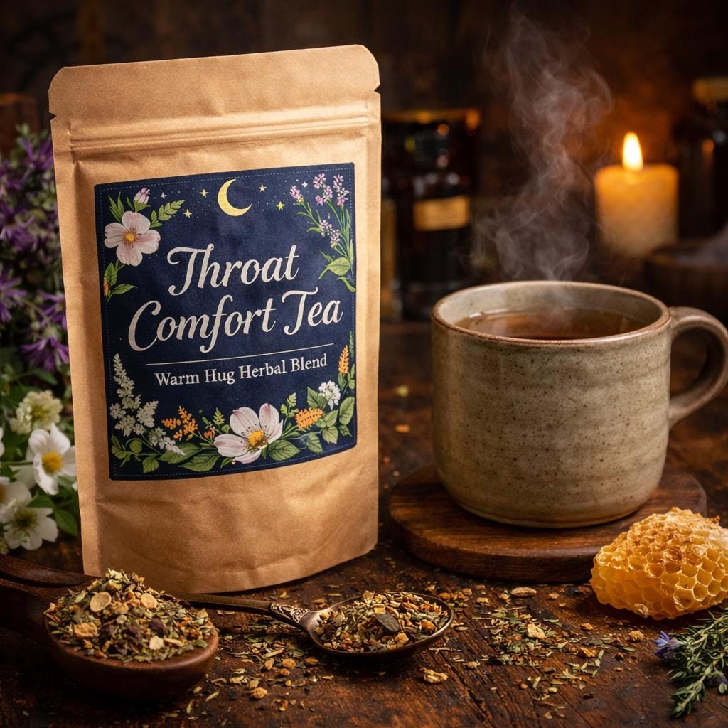 Throat Comfort Tea kraft pouch displayed beside a steaming ceramic mug on a wooden table, with loose herbal blend, honeycomb, and warm candlelight creating a comforting apothecary atmosphere.