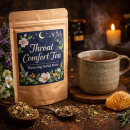 Throat Comfort Tea kraft pouch displayed beside a steaming ceramic mug on a wooden table, with loose herbal blend, honeycomb, and warm candlelight creating a comforting apothecary atmosphere.