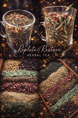 Repletion & Restoration Tea loose leaf herbal blend featuring nettle, oatstraw, rose and tulsi, a mineral-rich nourishing tea.