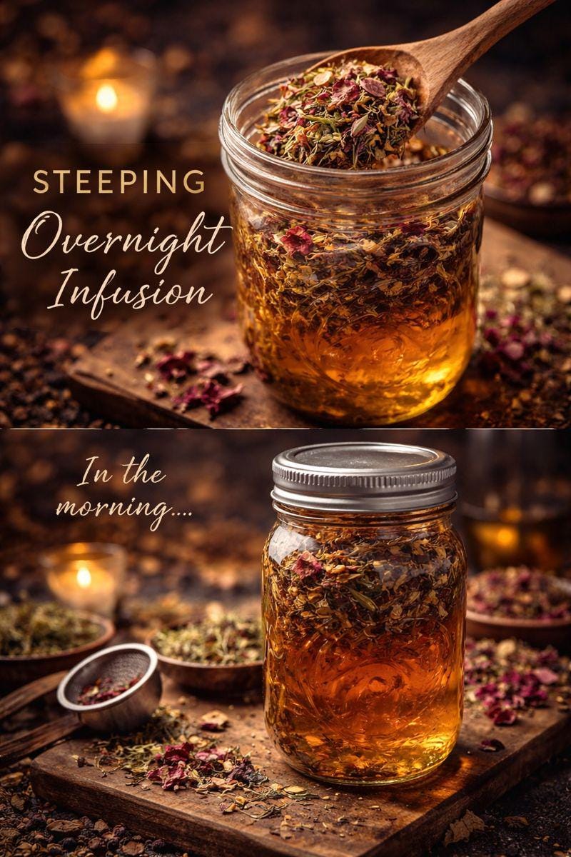 Overnight herbal infusion steeping in a glass jar, a long-steep mineral tea for deep nourishment.