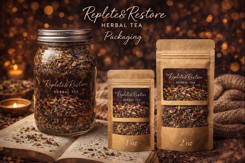 Loose leaf herbal tea packaging options including glass jar and kraft pouch.