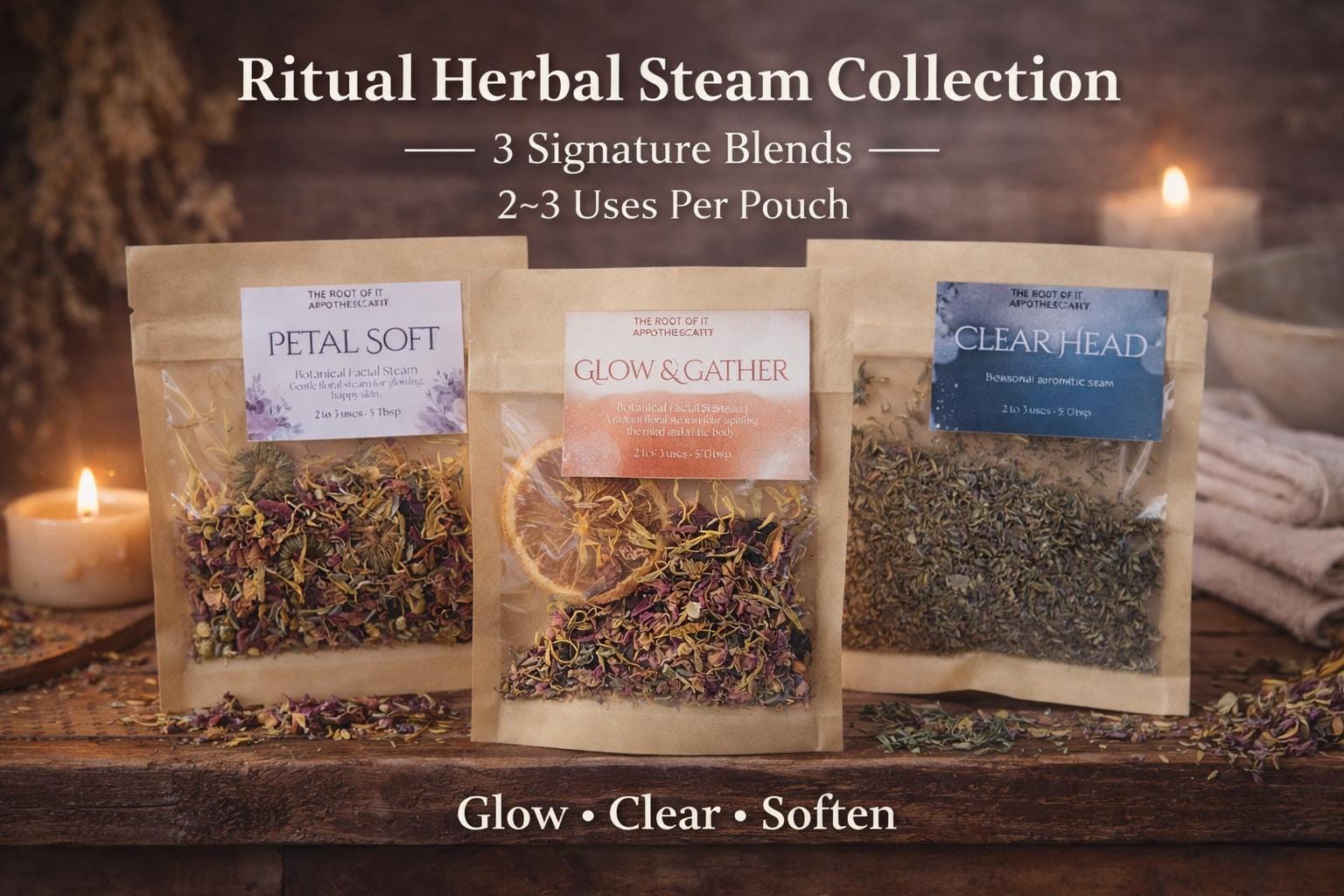 Herbal Facial Steam | Spa Gift Set | Glow & Gather • Petal Soft • Clear Head | Botanical Steamer
