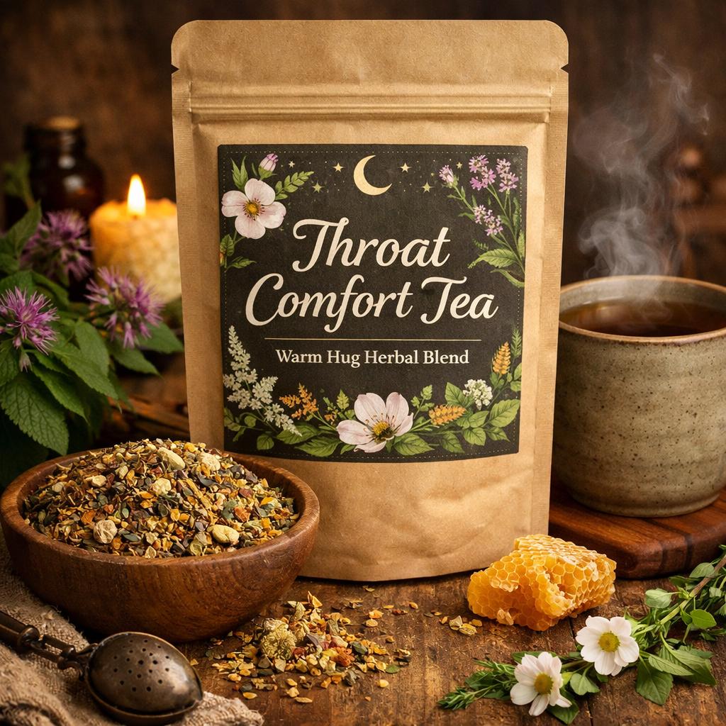 Kraft bag of Throat Comfort Tea with celestial botanical label beside a hot cup of tea, loose herbs, and honeycomb on a rustic wooden table in warm lighting.