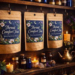 Kraft paper pouches labeled “Throat Comfort Tea – Warm Hug Herbal Blend” hanging on brass hooks in a jewel-toned apothecary display, surrounded by amber bottles, candles, and botanical accents.
