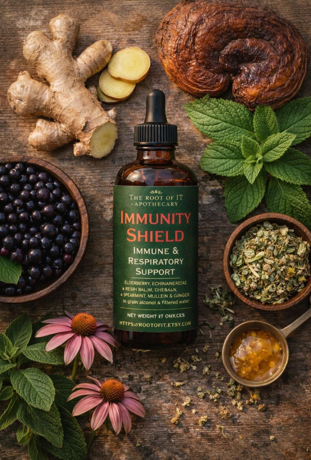 Immune Shield Elixir: Elderberry, Echinacea & Reishi Herbal Wellness Tincture