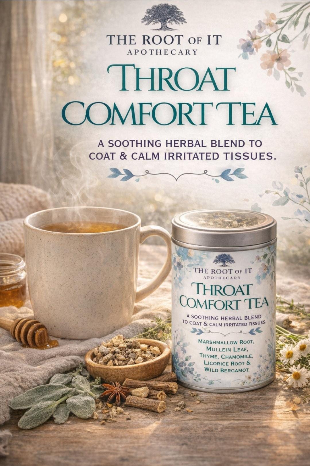 Throat Comfort Herbal Tea: Soothing Mullein, Marshmallow Root, Thyme & Bee Balm Blend