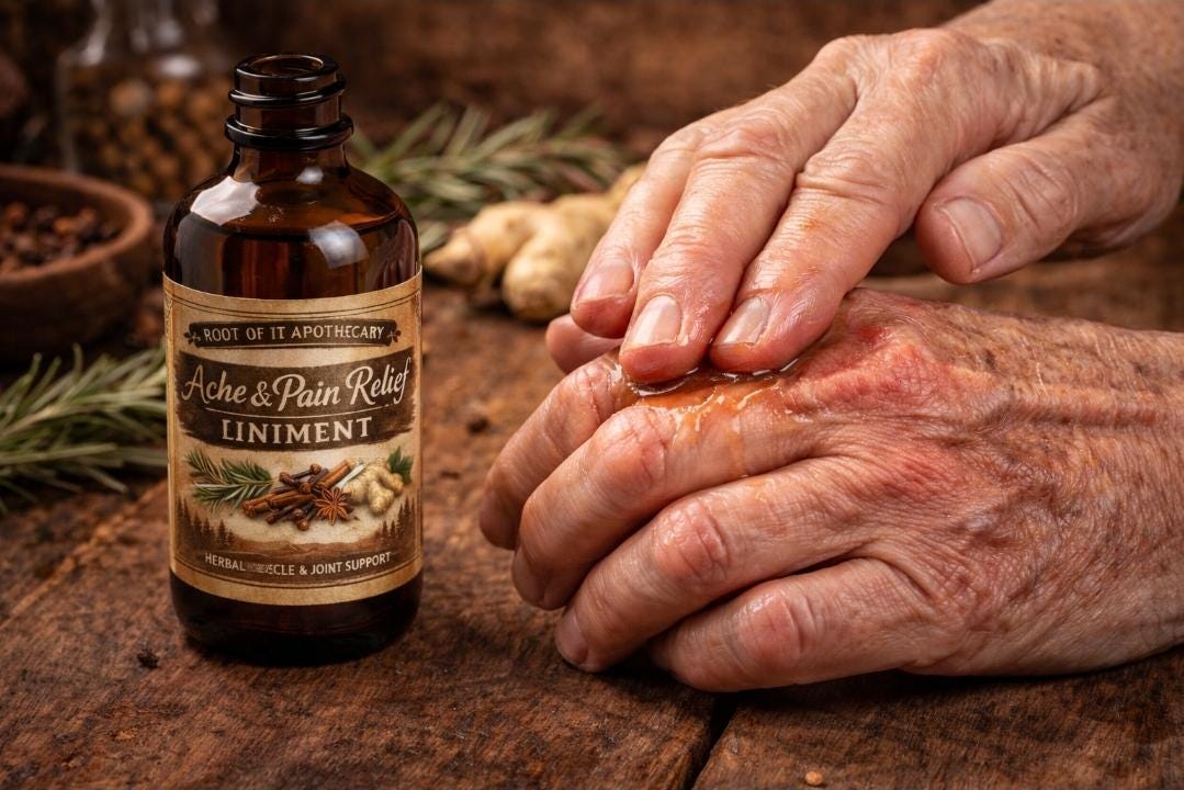 May include: A brown glass bottle of "Ache & Pain Relief Liniment" from Root of It Apothecary. The label features text and illustrations of herbs. A person is applying the liniment to their hand. The background includes herbs and spices.