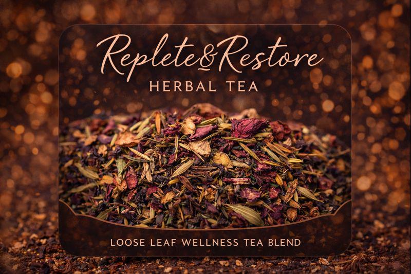 May include: A close-up of a brown, rectangular label with the words "Replete & Restore Herbal Tea" in a decorative font. The label contains a blend of loose leaf tea with red, green, and brown hues. The text "Loose Leaf Wellness Tea Blend" is at the bottom.
