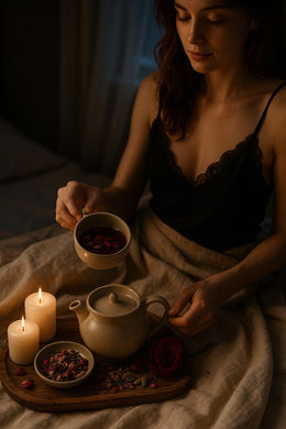 May include: A serene scene featuring a beige teapot, a small bowl of tea leaves, and a cup of tea with rose petals. Two lit candles and a red rose are on a wooden tray. The person is wearing a black lace top.
