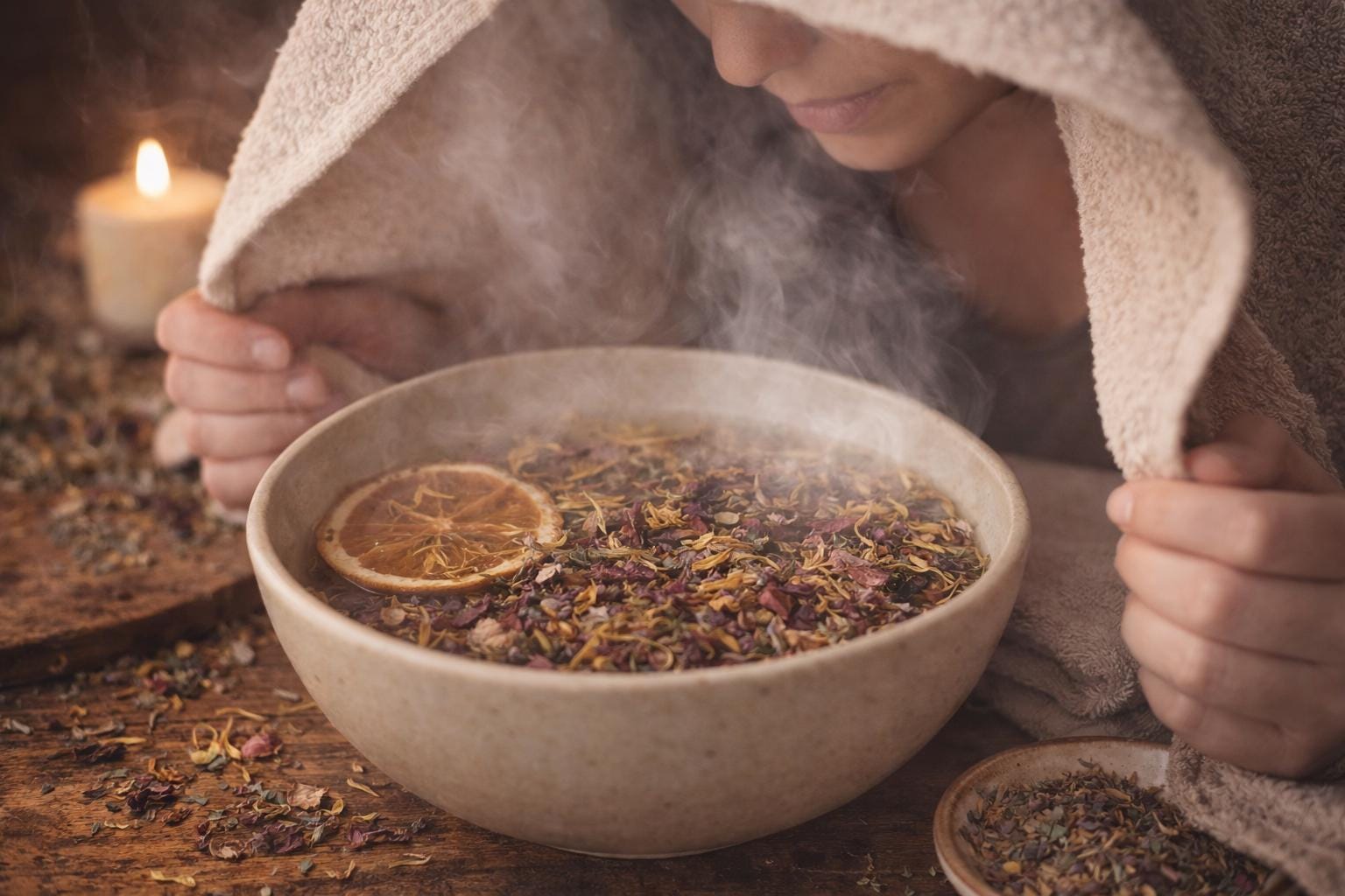 May include: A beige ceramic bowl filled with steaming water and dried herbs, with a slice of dried orange. A person is covered with a towel, inhaling the steam. A lit candle is in the background, creating a relaxing spa-like atmosphere.