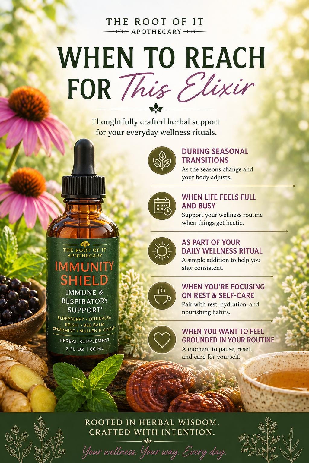 Immune Shield Elixir | Elderberry, Echinacea & Reishi Herbal Tincture | Seasonal Wellness Blend
