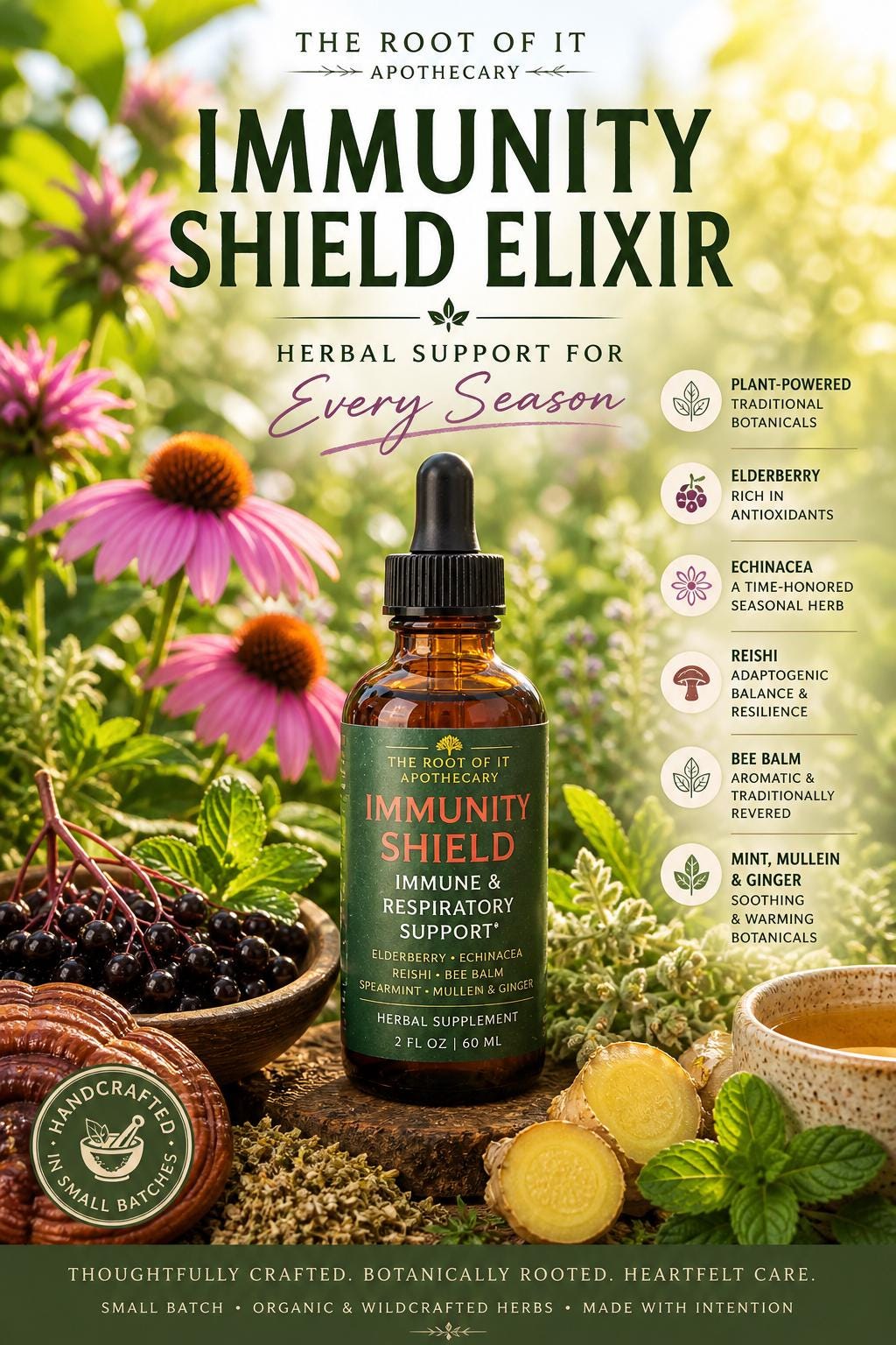 Immune Shield Elixir | Elderberry, Echinacea & Reishi Herbal Tincture | Seasonal Wellness Blend