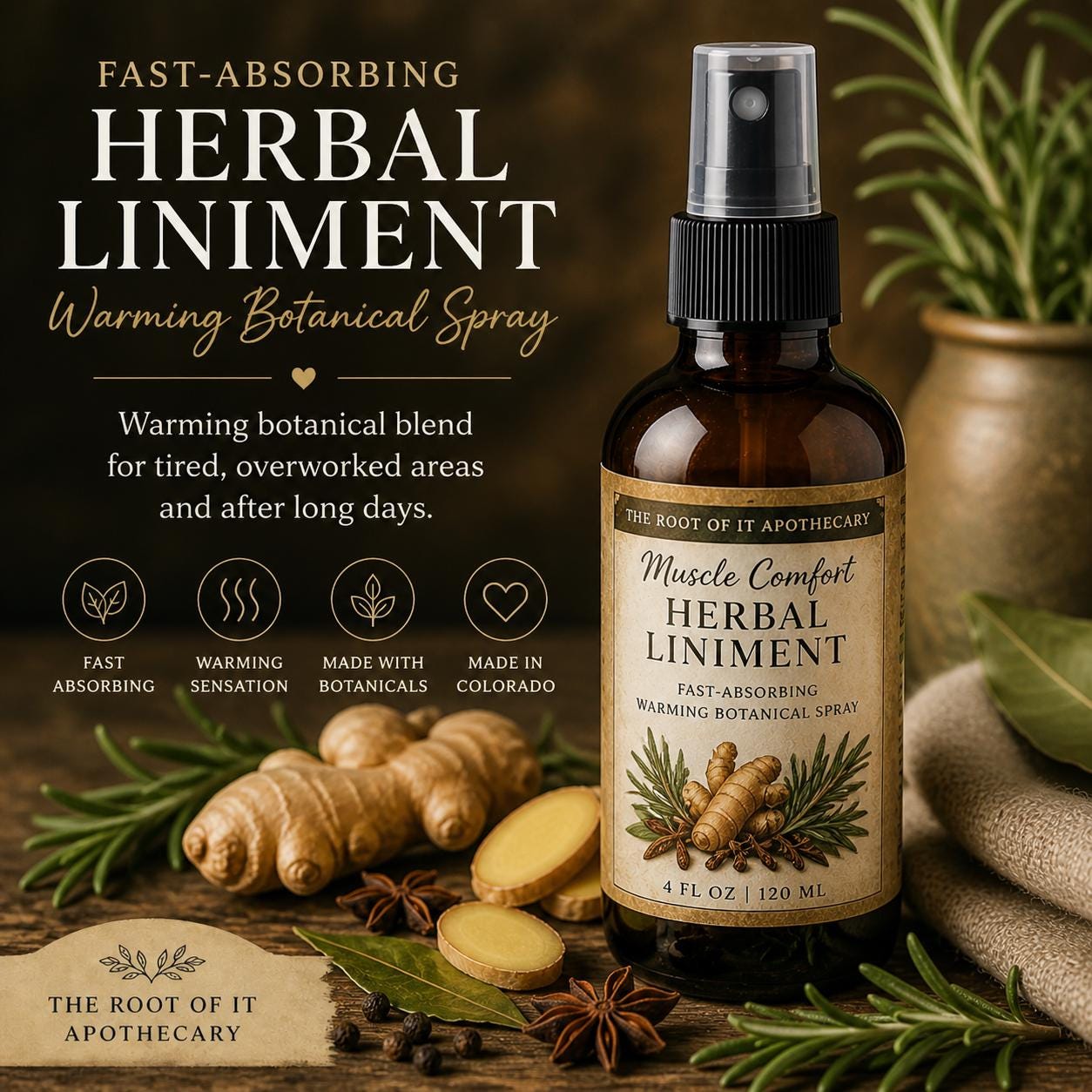 Ache & Pain Liniment Spray: Fast-Absorbing Warming Body Spray with Clove, Ginger & Rosemary