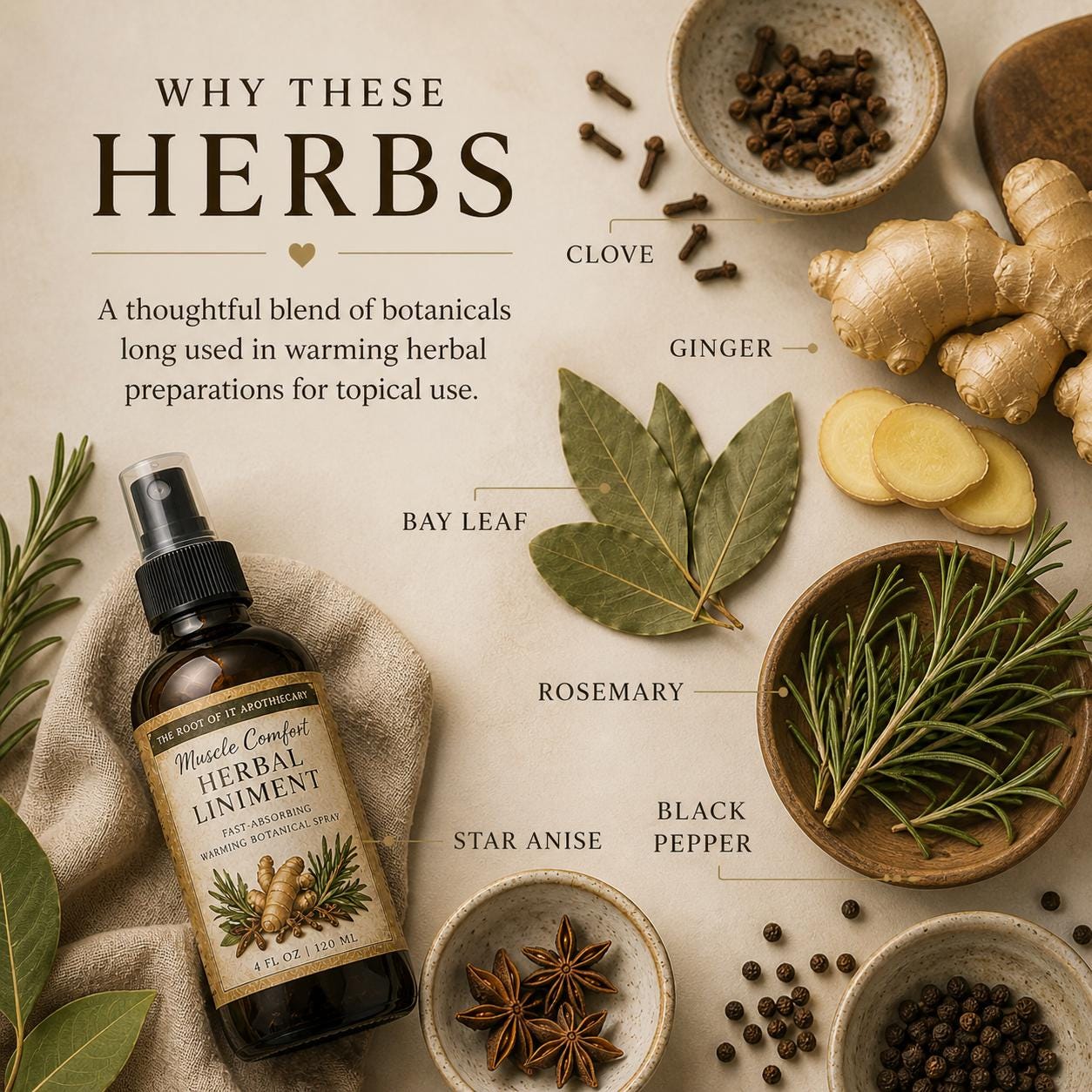 Fast-Absorbing Herbal Liniment | Warming and Penetration Botanical Body Spray | Clove, Ginger & Rosemary