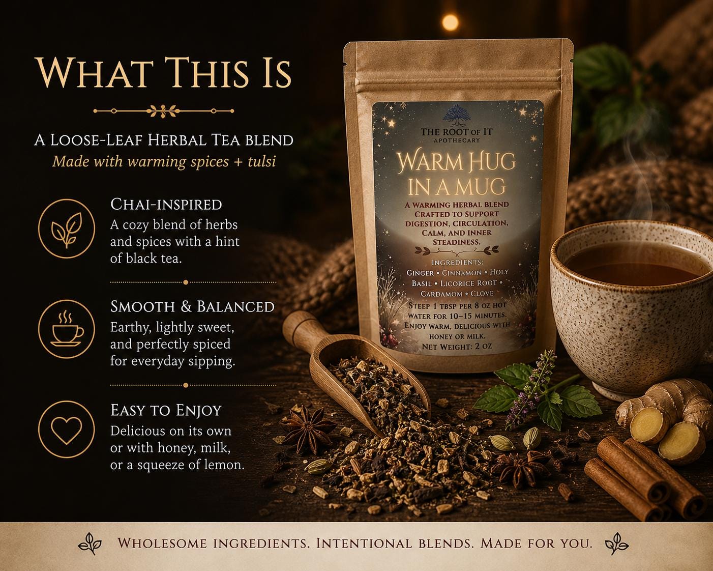 Warm Hug in a Mug Tea | Warming Spice Herbal Blend | Tulsi, Cardamom & Clove | Cozy Chai-Style Tea