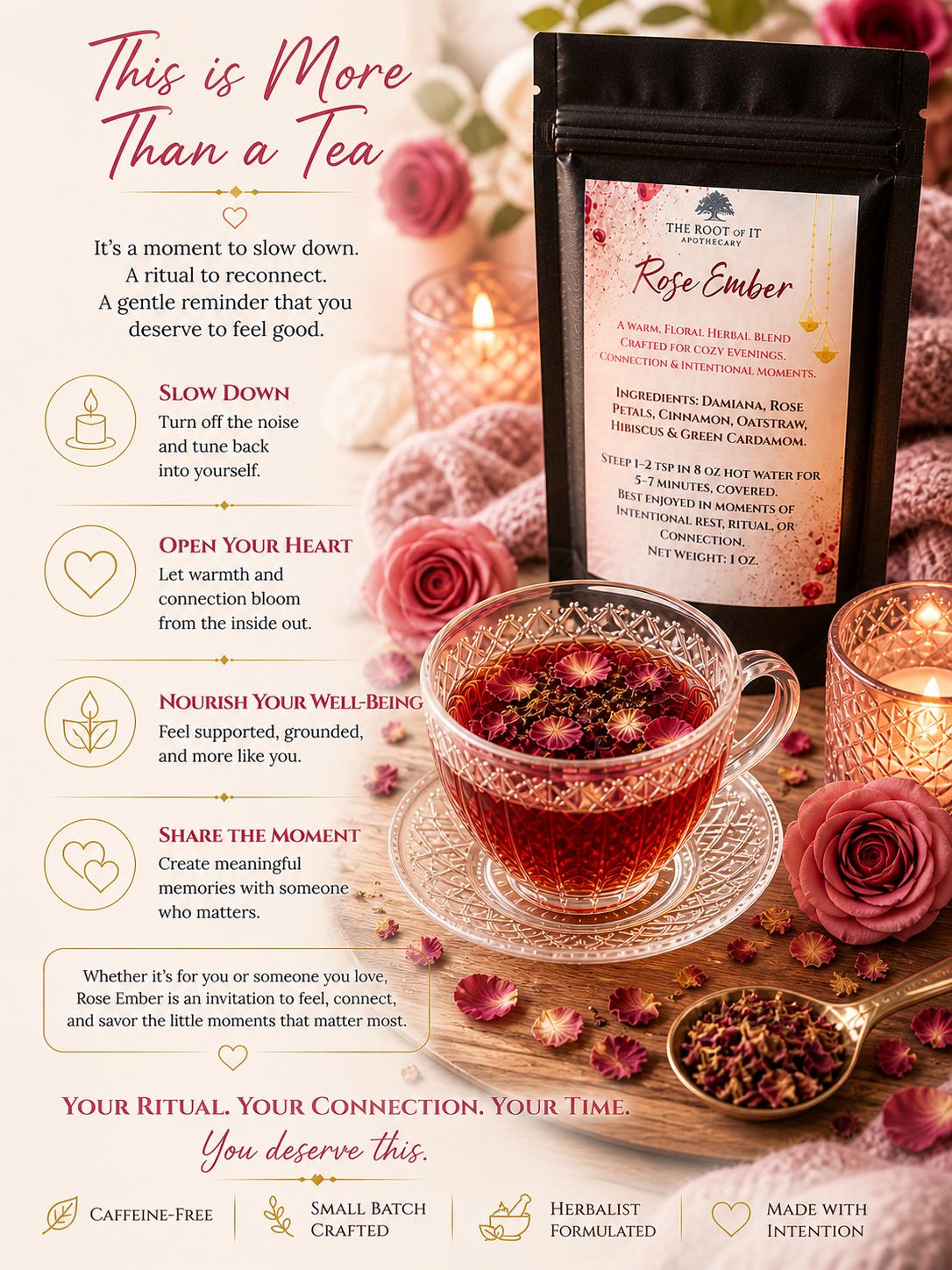 Rose Tea for Relaxation & Connection | Damiana Herbal Tea Blend | Caffeine Free Floral Tea | Cozy Self Care Tea Gift