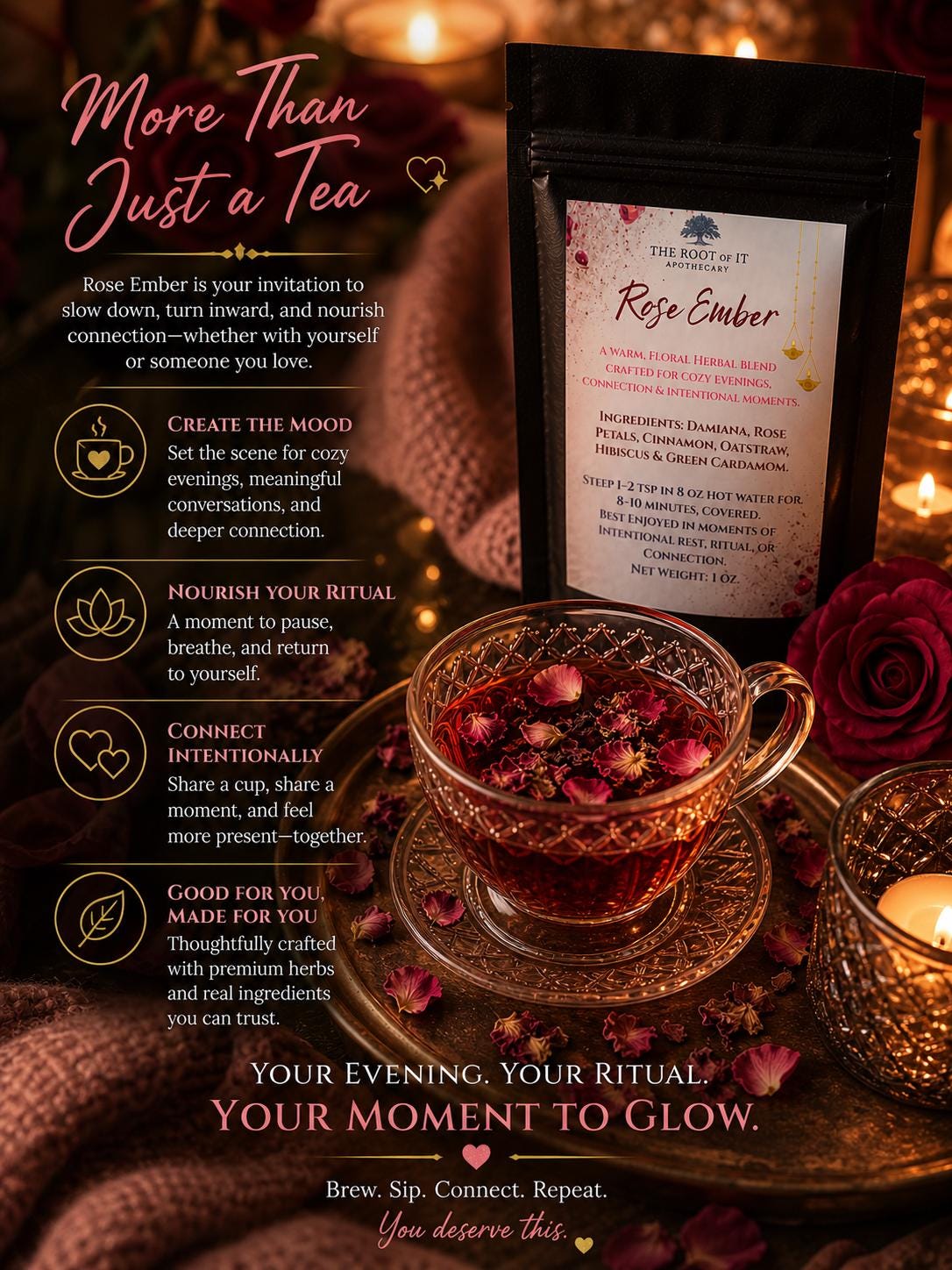 Rose Tea for Relaxation & Connection | Damiana Herbal Tea Blend | Caffeine Free Floral Tea | Cozy Self Care Tea Gift