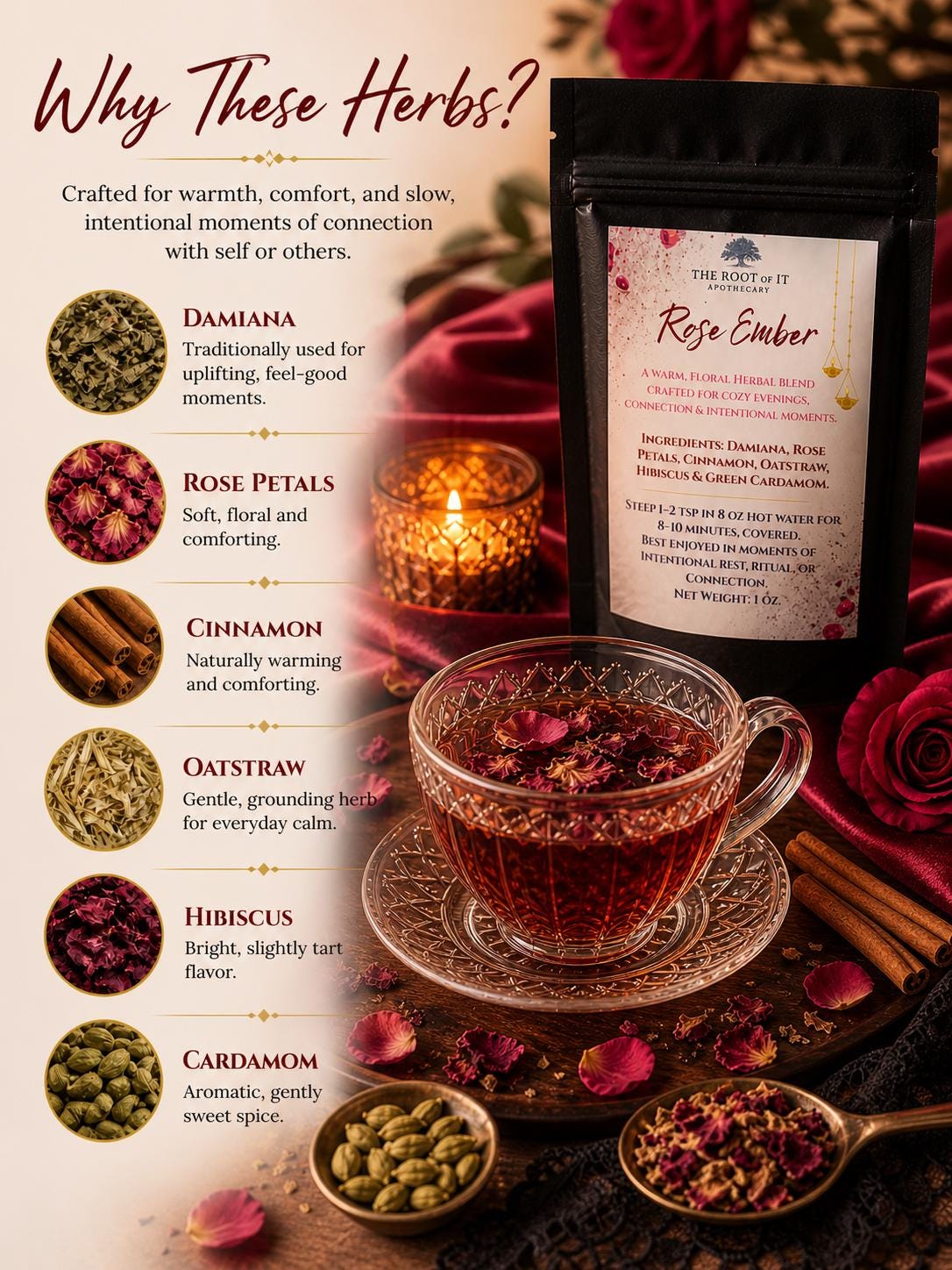 Rose Tea for Relaxation & Connection | Damiana Herbal Tea Blend | Caffeine Free Floral Tea | Cozy Self Care Tea Gift
