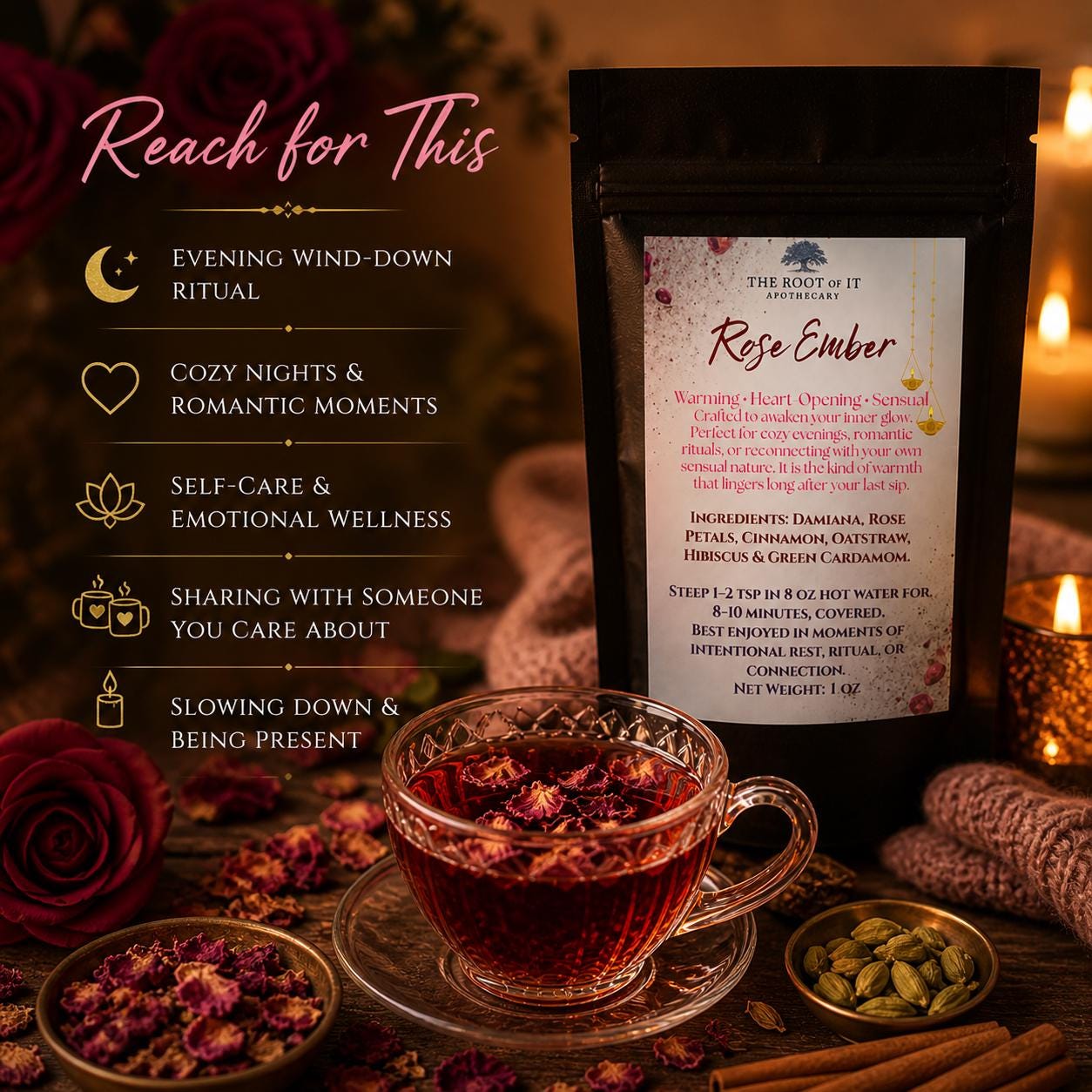 Rose Tea for Relaxation & Connection | Damiana Herbal Tea Blend | Caffeine Free Floral Tea | Cozy Self Care Tea Gift