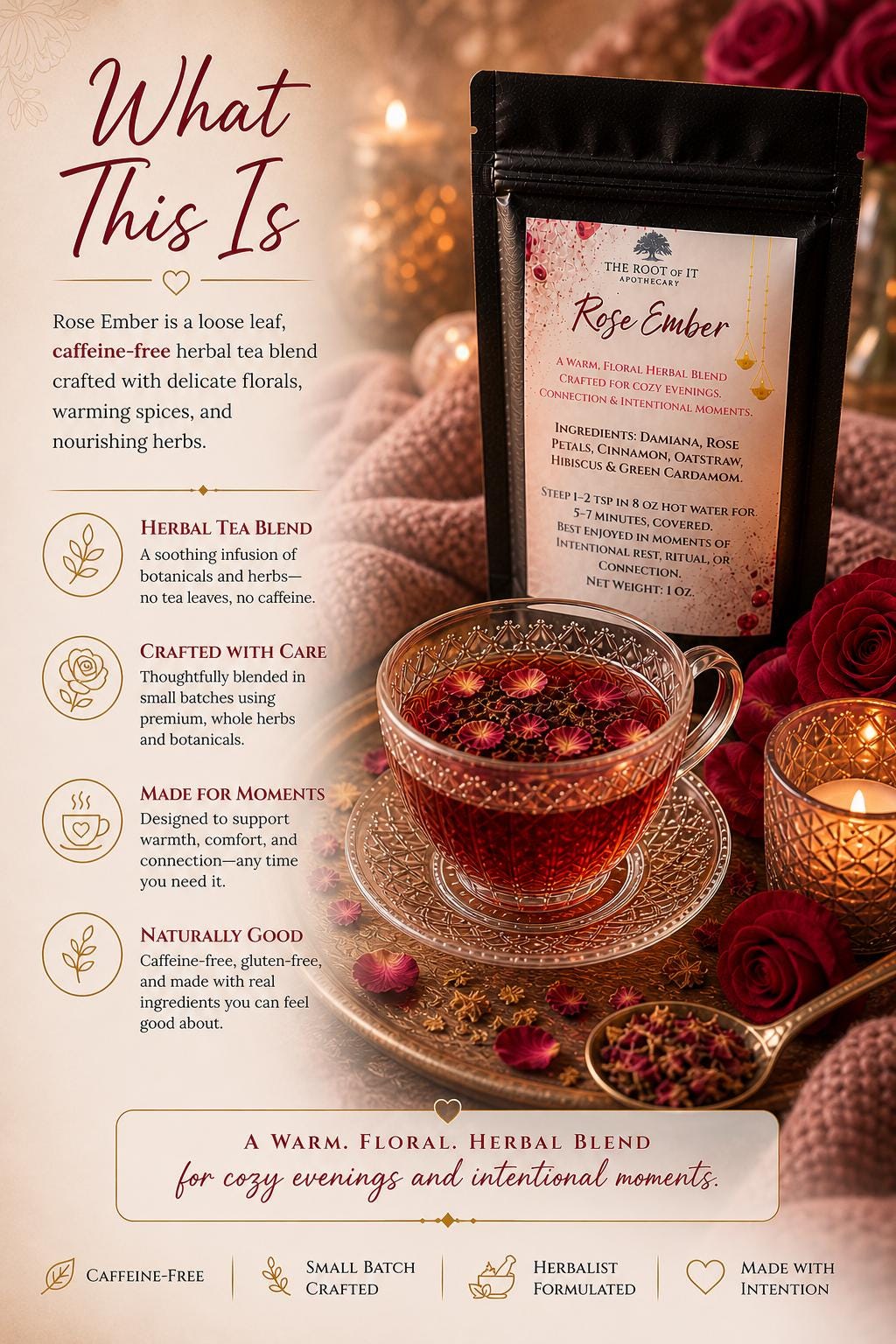 Rose Tea for Relaxation & Connection | Damiana Herbal Tea Blend | Caffeine Free Floral Tea | Cozy Self Care Tea Gift