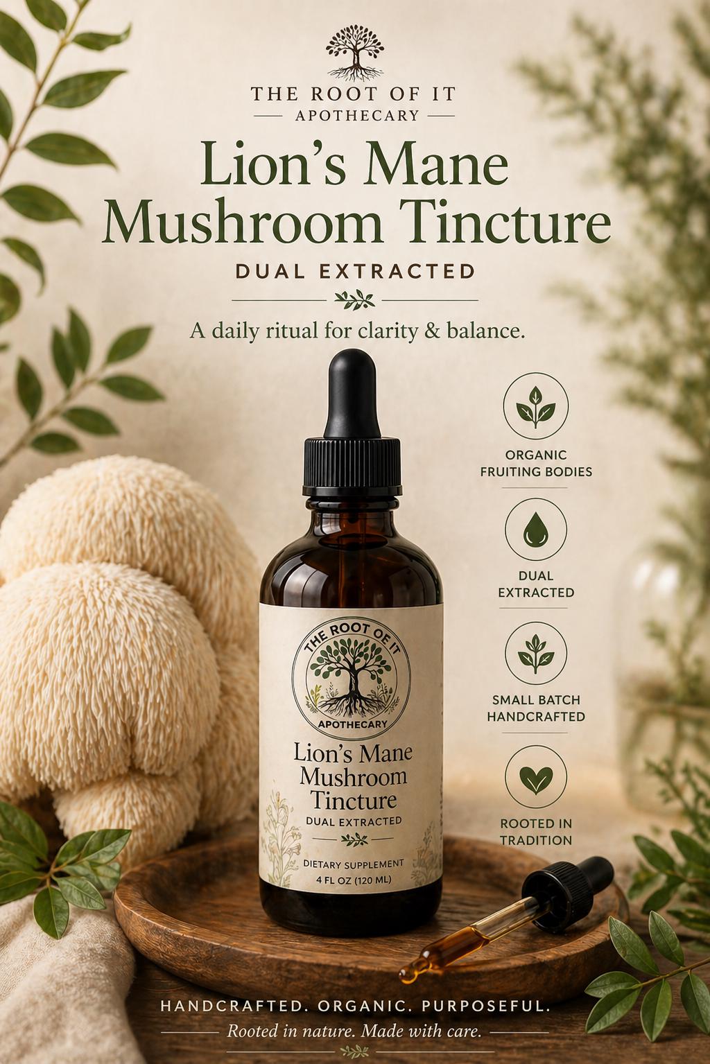 Lion’s Mane Mushroom Tincture | Organic Dual Extract | Daily Clarity & Wellness Ritual