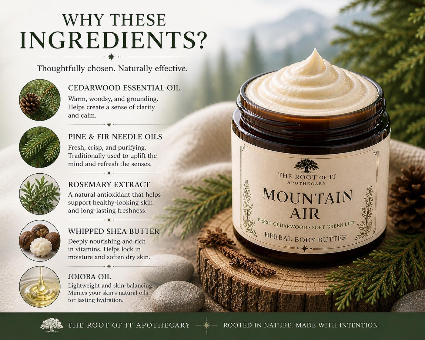 Mountain Air Whipped Shea Body Butter | Cedarwood Herbal Skin Care (Small Batch)