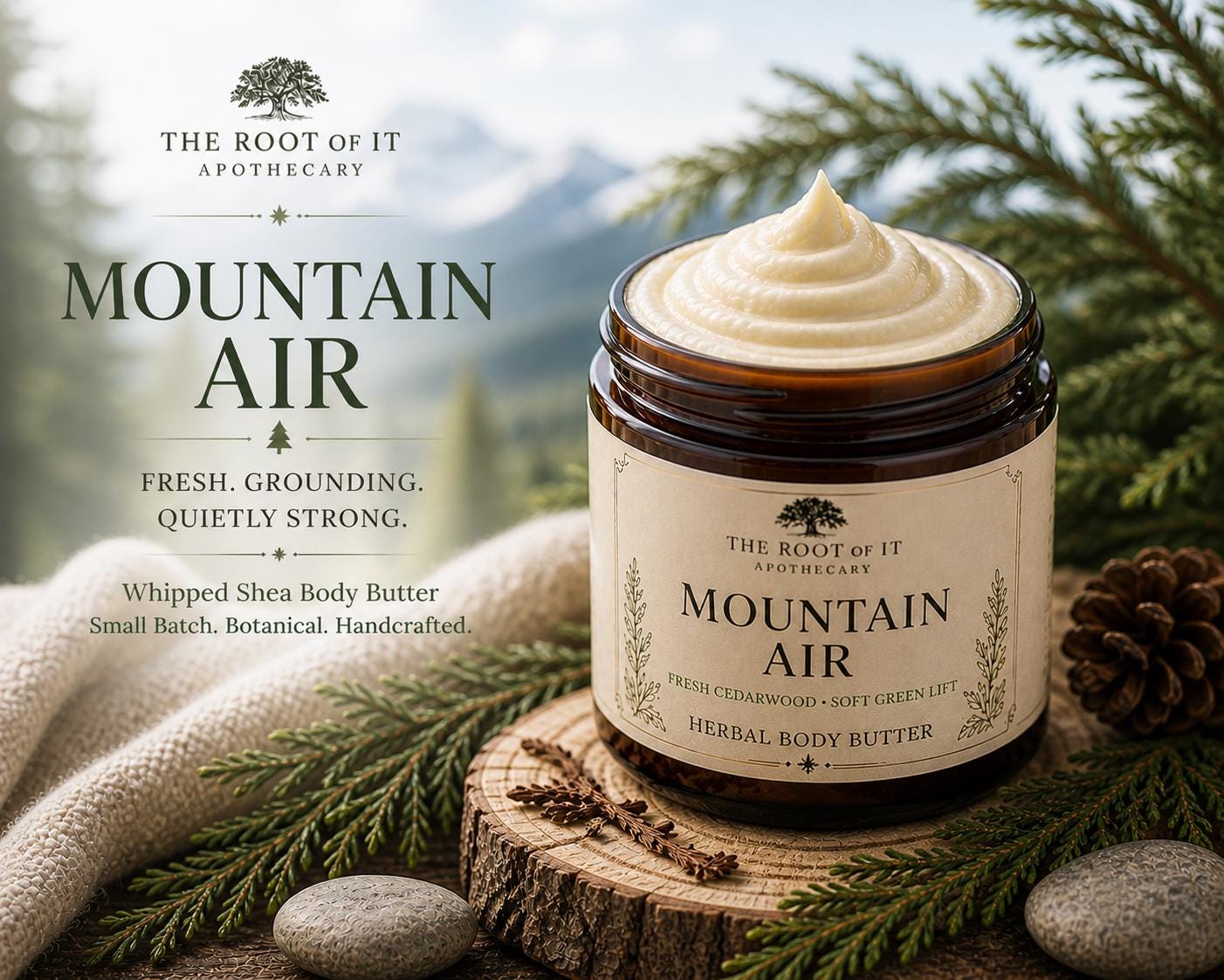 Mountain Air Whipped Shea Body Butter | Cedarwood Herbal Skin Care (Small Batch)
