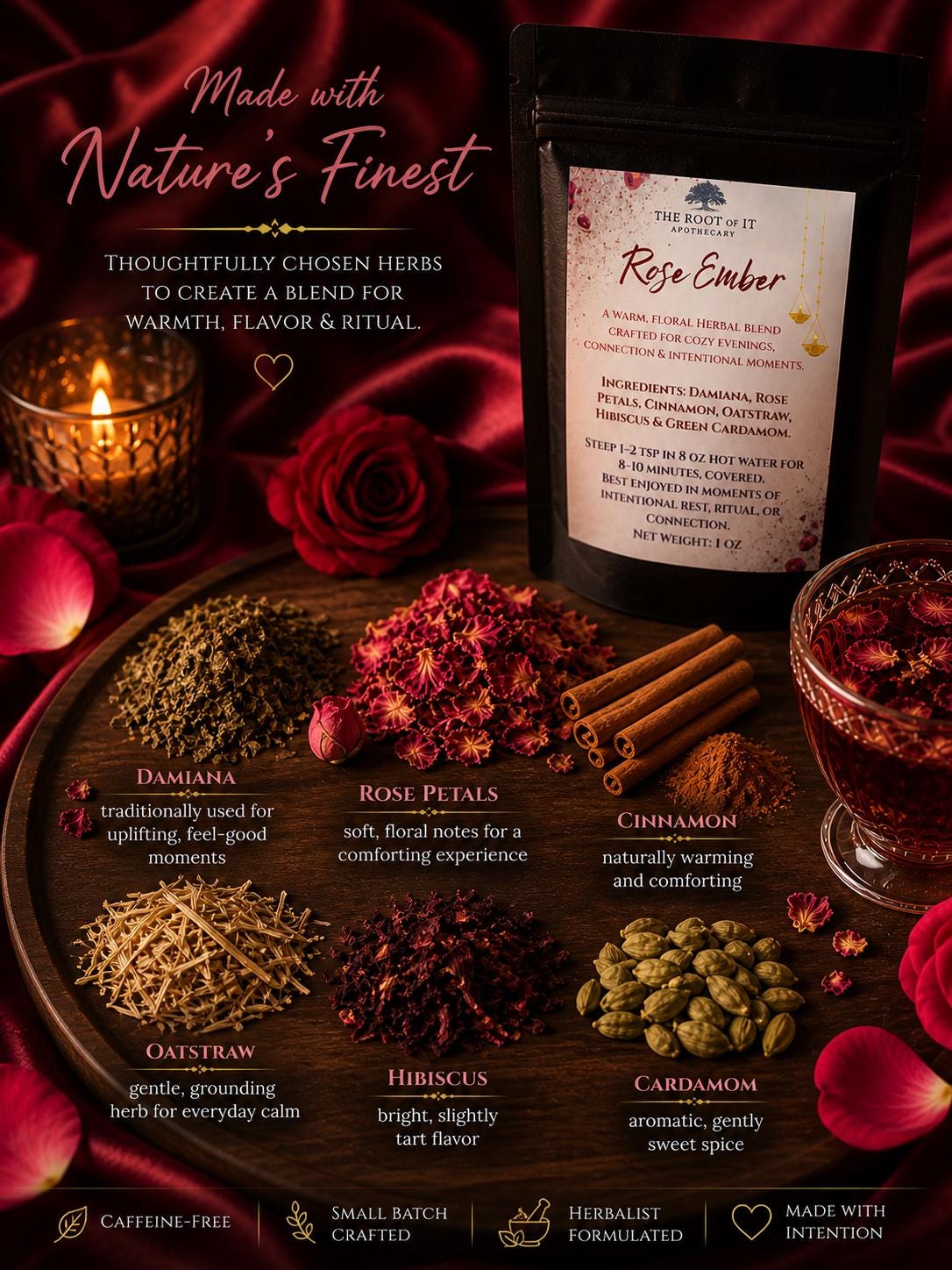 Rose Tea for Relaxation & Connection | Damiana Herbal Tea Blend | Caffeine Free Floral Tea | Cozy Self Care Tea Gift