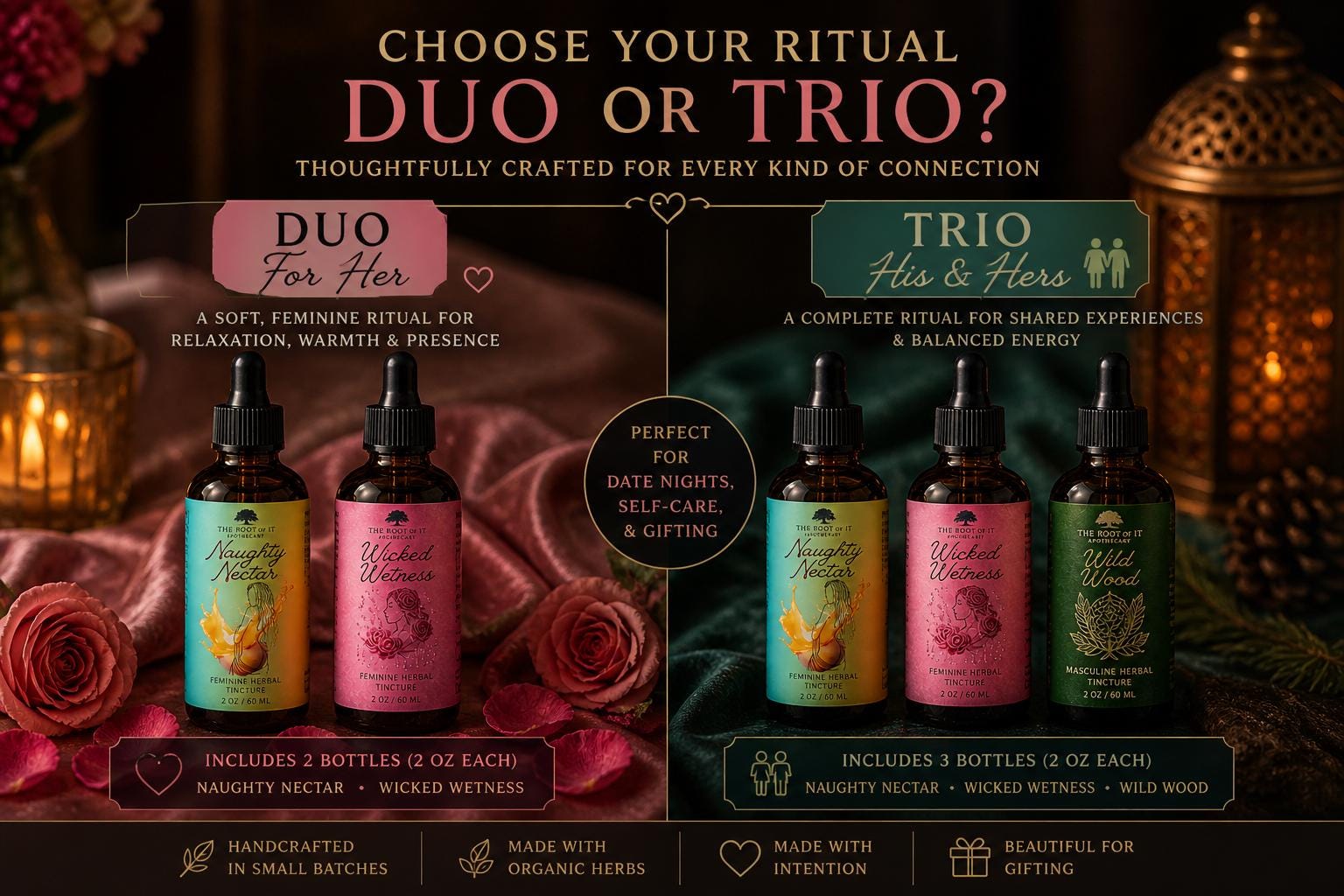 His & Hers Tincture Sets | Naughty Nectar, Wicked Wetness and Wild Wood | Herbal Couples Gift Bundle for Date Night or Anniversary Gift